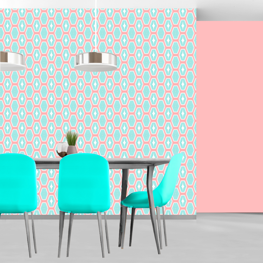 An abstract composition featuring irregular, rounded shapes in vibrant colors. The main colors include bright green, lime green, turquoise, and dark blue, all separated by white, jagged outlines. The shapes overlap and intersect dynamically, forming an energetic and playful pattern. The overall texture has a fabric-like appearance with subtle horizontal and vertical lines running through the colors.